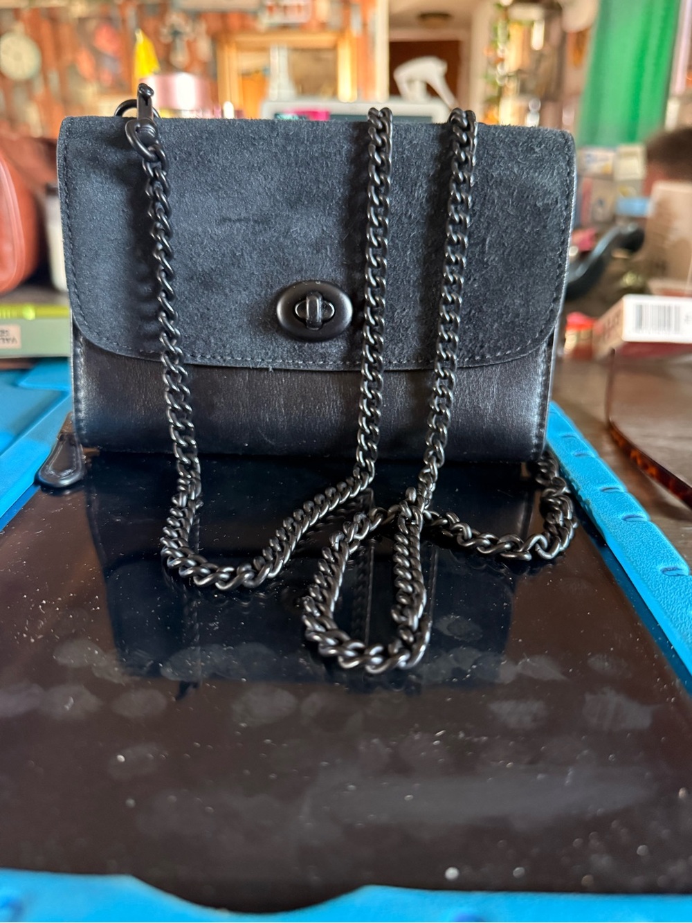 Coach leather and suedeBlack Chain Crossbody Bag - Sleek Everyday Shoulder Purse